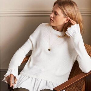 Boden Catherine Woven‎ Fluffy Women's Ivory Knit Sweater Chiffon Hem Size 6